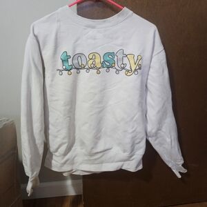 The Morning Toast TMT White Winter 'Toasty' Sweatshirt Size S With Teal Letters